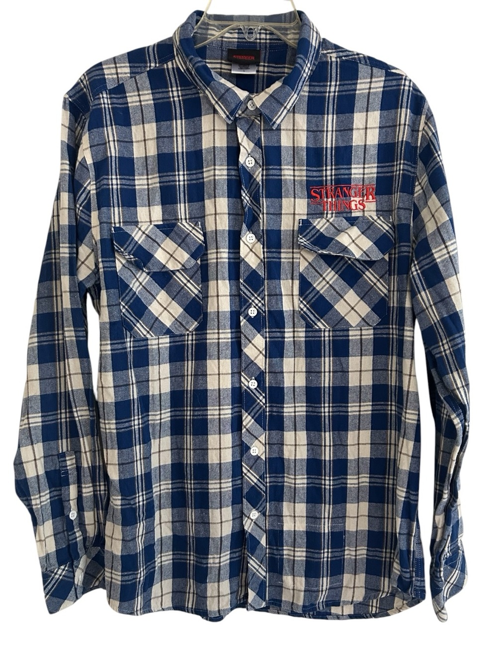 Netflix Stranger Things Flannel Shirt Blue White Plaid Button Up Unisex Sz Large